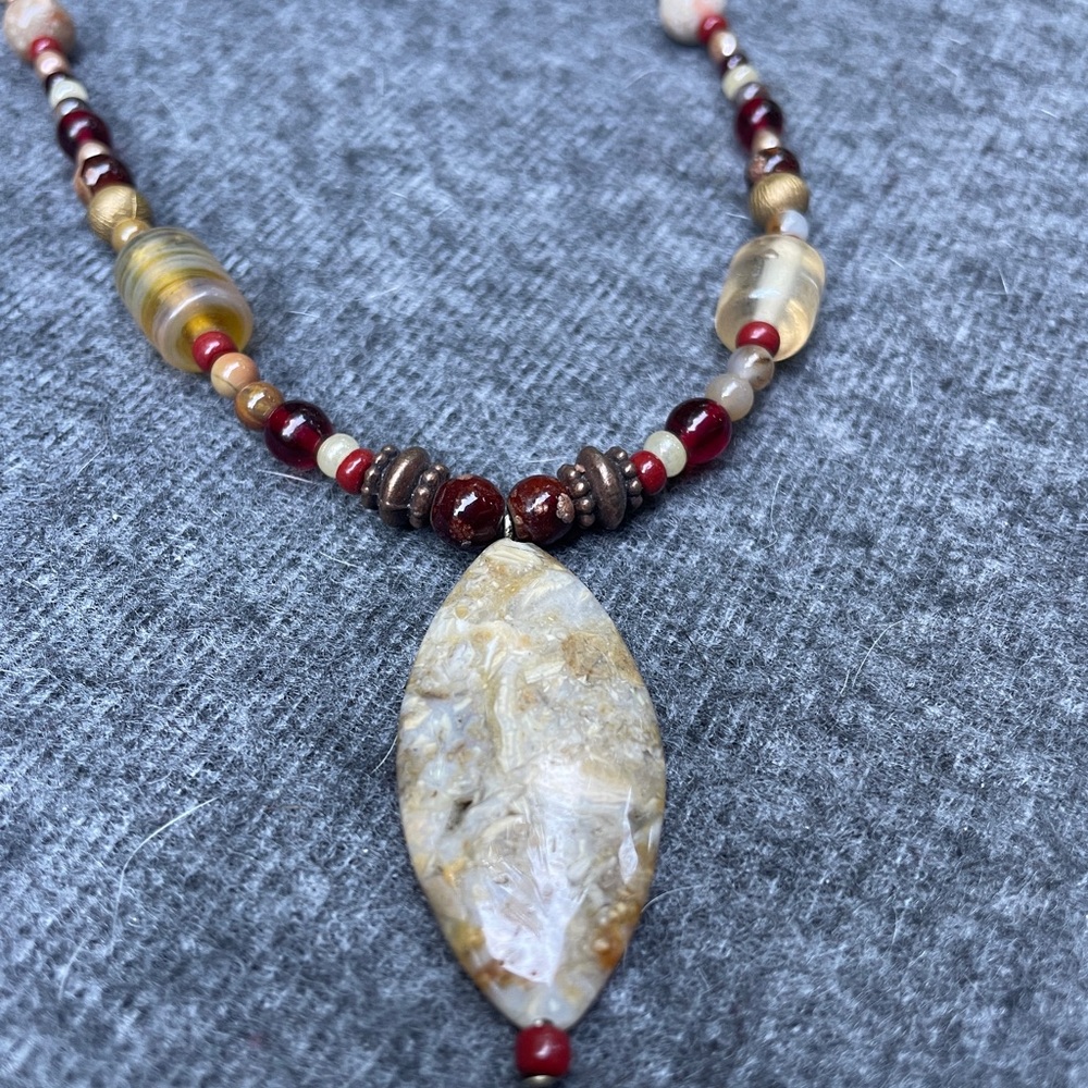 Handmade Beaded Necklace & Earring Set – Earth Tones & Stone Pendant